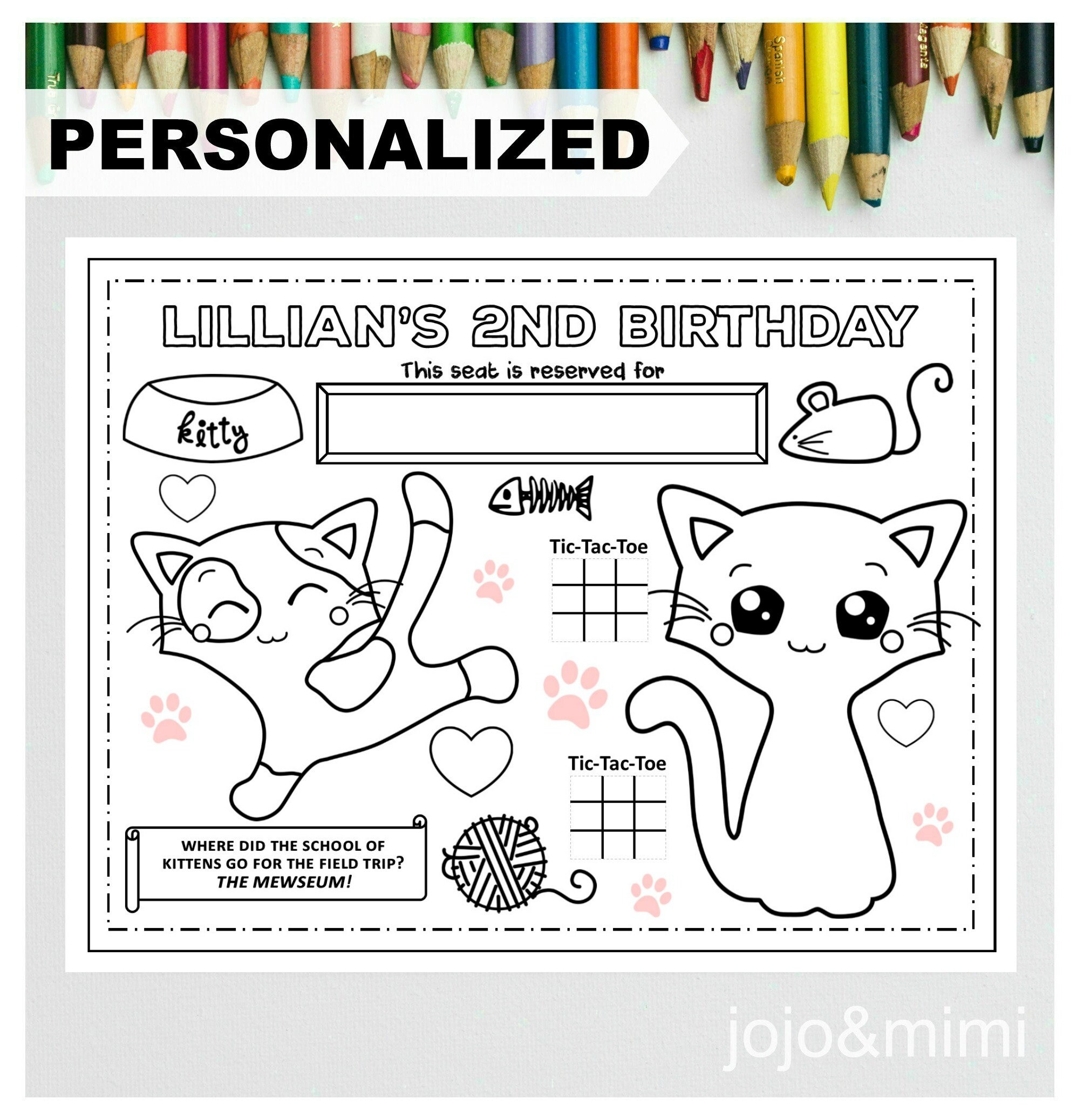 PERSONALIZED KITTY Happy Birthday Printable Placemat Activity Birthday Coloring Page Girls Birthday Party Placemat Kitten and Cat Birthday
