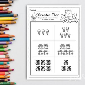 May include: A black and white printable worksheet with the title "Greater Than". The worksheet has three rows of images, each with two sets of objects to compare. The first row shows ice cream cones, the second row shows frogs, and the third row shows ladybugs. The worksheet instructs the user to circle the set that has more objects.