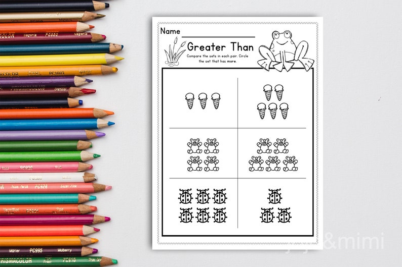 May include: A black and white printable worksheet with the title "Greater Than". The worksheet has three rows of images, each with two sets of objects to compare. The first row shows ice cream cones, the second row shows frogs, and the third row shows ladybugs. The worksheet instructs the user to circle the set that has more objects.