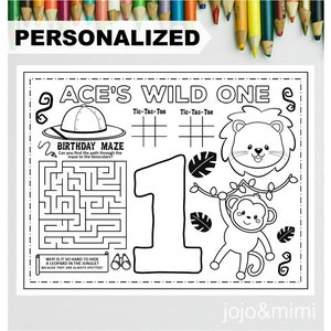 JUNGLE WILD ONE Ausdruckbare Platzset Aktivität Dschungel Ausmalseite personalisiert Safari Geburtstag Party Platzset Dschungel Geburtstag