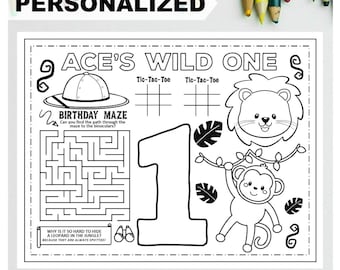 JUNGLE WILD ONE Printable Placemat Activity Jungle Coloring Page Personalized Safari Birthday Party Placemat Jungle Birthday