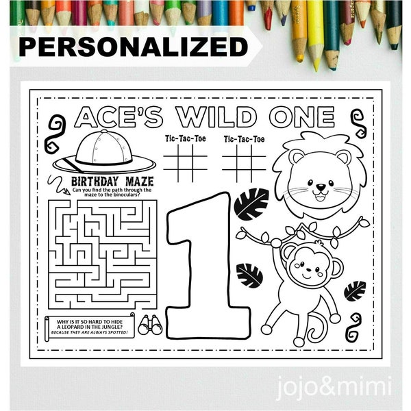 JUNGLE WILD ONE Printable Placemat Activity Jungle Coloring Page Personalized Safari Birthday Party Placemat Jungle Birthday