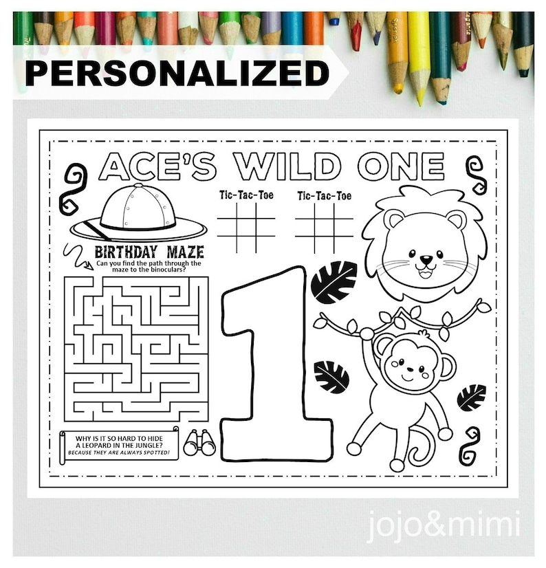 JUNGLE WILD ONE Printable Placemat Activity Jungle Coloring Page Personalized Safari Birthday Party Placemat Jungle Birthday image 1