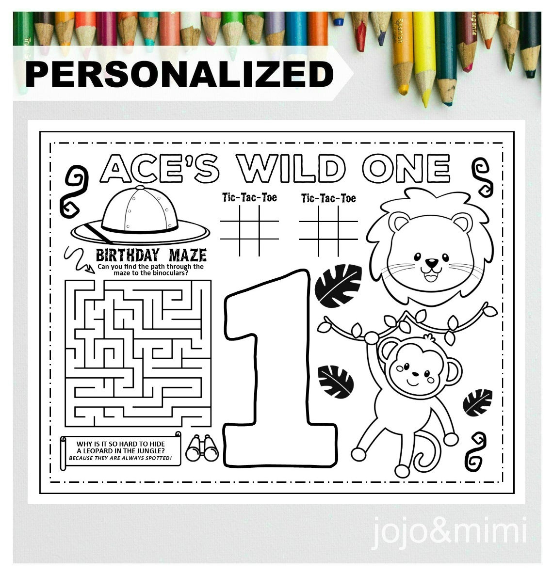 JUNGLE WILD ONE Printable Placemat Activity Jungle Coloring Page Personalized Safari Birthday Party Placemat Jungle Birthday