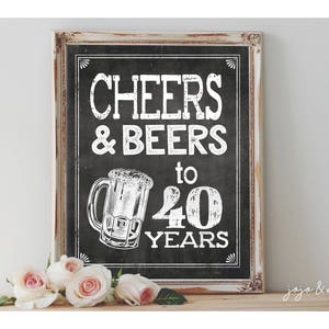 Letrero de fiesta de cumpleaños imprimible instantáneo 'CHEERS AND BEERS por 40 años' de 8 x 10, 11 x 14, pizarra imprimible para fiestas, opciones de tamaño para los años cuarenta