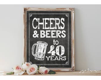 Instant 'CHEERS AND BEERS to 40 years'  Printable 8x10, 11X14 Birthday Party Sign Party Printable Chalkboard Fourties Size Options
