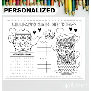PERSONALIZED TEA PARTY Buon Compleanno Stampabile Placemat Attività Compleanno Colore Ragazze Compleanno Compleanno Placemat Tea Tempo Compleanno