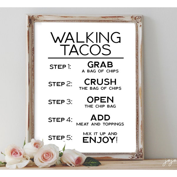 Instantáneo 'WALKING TACOS' Signo de evento imprimible Fiesta de bodas Fiesta de baby shower Opciones de tamaño de estación de tacos imprimibles