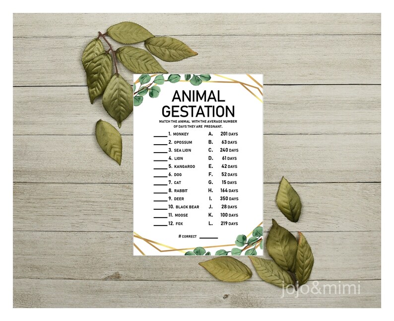 Instant ANIMAL GESTATION Printable Baby Shower Game Baby Etsy