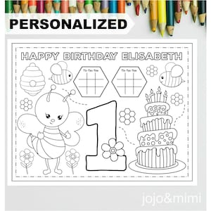 PERSONALIZED BEE alles Gute zum Geburtstag Tischset Aktivität Bienen Thema Malseite Kinder Geburtstagsparty Tischset ersten Geburtstag Biene Geburtstag