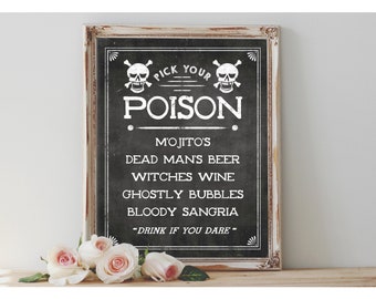 Custom PICK YOUR POISON 'Bar Drink Menu' Sign Printable Chalkboard Halloween Event Wedding Printable Party Drink Sign Decor Skull