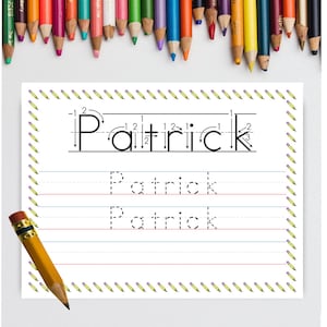 May include: A printable worksheet with a dotted line outline of the name "Patrick" and two blank lines for practicing writing the name. The worksheet is surrounded by a border of yellow pencils.