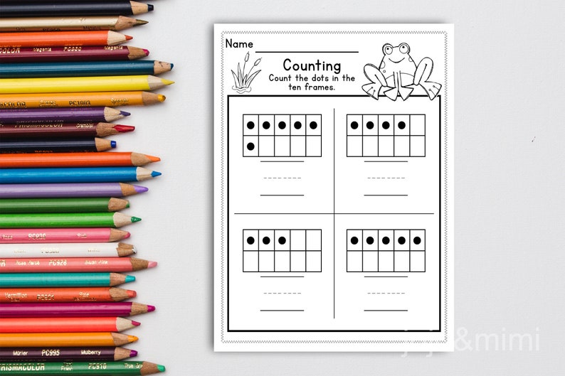 May include: A black and white printable worksheet with a frog illustration and the text "Counting: Count the dots in the ten frames." The worksheet has four ten frames with dots to count.