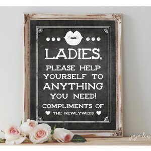 Instant &#39;LADIES Please help yourself to anything you need&#39; Compliments of Newlyweds Printable Wedding Restroom Rustic Chalkboard Sign