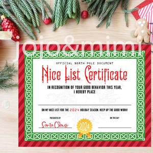 INSTANT 2024 Nice List Certificate North Pole Good Behavior Recognition Christmas Elf Surveillance Printable Nice List Award