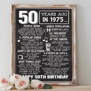 Retour en 1975 Affiche imprimable du 50e anniversaire au tableau L'année de votre naissance Cadeau d'anniversaire Né en 1975 il y a 50 ans DIY