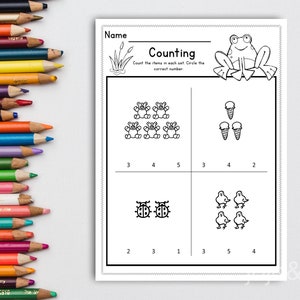 May include: Black and white printable worksheet with the title "Counting". The worksheet has four sections with different images to count, such as frogs, ice cream cones, ladybugs, and chicks.  The numbers 2, 3, 4, and 5 are listed below each section.