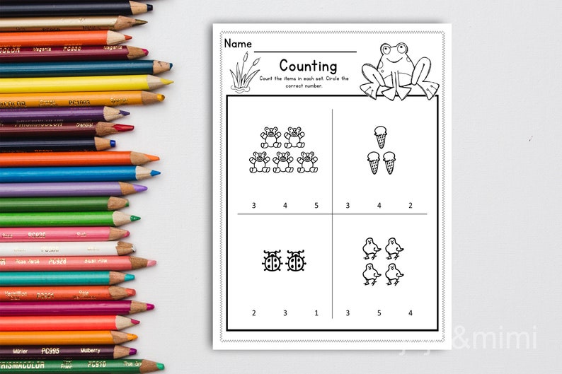 May include: Black and white printable worksheet with the title "Counting". The worksheet has four sections with different images to count, such as frogs, ice cream cones, ladybugs, and chicks.  The numbers 2, 3, 4, and 5 are listed below each section.