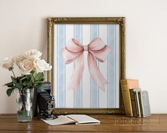 Printable Bow Wall Art Preppy Pink and Blue Coquette Wall Art Trendy Bow Room Decor Girly Wall Art Pastel Nursery Poster