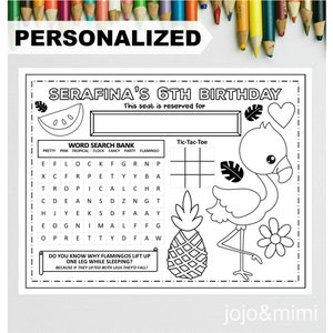 PERSONALISIERTE FLAMINGO alles Gute zum Geburtstag druckbare Placemat Aktivität Geburtstag Flamingo Färbung Seite Party Placemat tropischen Party