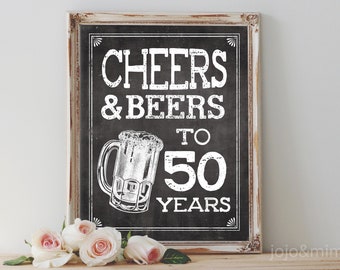 Instant 'CHEERS AND BEERS to 50 years' Printable 8x10, 11x14 Chalkboard 50th Birthday Beer Bar Printable Sign