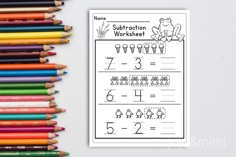 May include: A black and white printable worksheet with a frog at the top. The worksheet has three subtraction problems with pictures of ice cream cones, frogs, and chicks. The problems are 7 - 3 =, 6 - 4 =, and 5 - 2 =.
