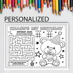 PERSONALISIERTE TEDDYBÄR alles Gute zum Geburtstag druckbare Tischset Aktivität Teddybär Malseite Kinder Geburtstag Party Tischset ersten Geburtstag