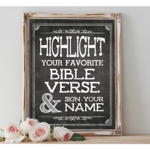 Instant &#39;Highlight your favorite BIBLE VERSE and sign your name&#39; Printable Event Sign Bible Verse Sign Rustic Chalkboard Sign
