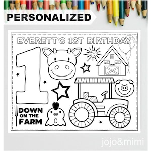 PERSONALIZED TRACTOR Happy 1st Birthday Printable Placemat Activity Farm Coloring Page First Birthday Party Placemat Farm Animal Tractor