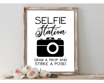 Instant 'SELFIE STATION' Grab A Prop & Strike A Pose Printable Event Sign Selfie Station Photobooth Camera Sign
