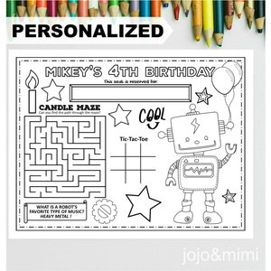 PERSONALIZED ROBOT Happy Birthday Printable Placemat Activity Robot Coloring Page Kids Birthday Party Placemat Space and Robots