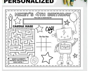 ROBOT PERSONALIZADO feliz cumpleaños imprimible Placemat actividad robot colorear página niños fiesta de cumpleaños Placemat espacio y robots