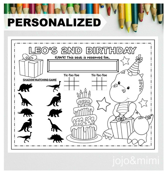 PERSONALIZED DINO Happy Birthday Printable Placemat Activity