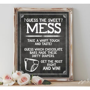 Instant &#39;Guess the Sweet Mess&#39; Printable 8x10, 11x14 Sign Baby Shower Decor Digital File Chalkboard Chocolate Bar Diaper Guessing Game