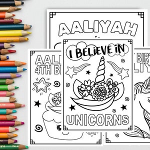 Personalisierte UNICORN HAPPY BIRTHDAY druckbare personalisierte Färbung Blätter Geburtstag Färbung Seite Geburtstag Party Aktivität Einhorn Party