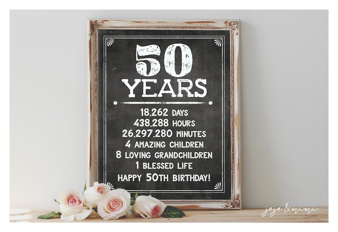 Custom '50 Years' Printable Birthday Sign Days Hours Minutes Blessed ...