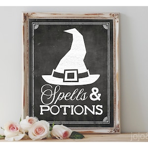May include: A white witch's hat with a black band and buckle on a black chalkboard background with the text "Spells & Potions" in white.