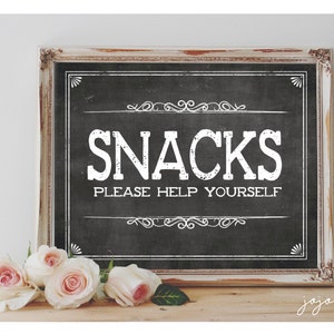 Sofortige &#39;SNACKS bitte helfen Sie selbst&#39; druckbare Zeichen Tafel druckbare Party Dekor Snack Tischgröße Optionen