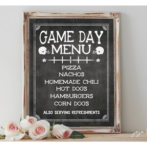 Benutzerdefinierte 'GAME DAY MENU' druckbare Schild Tafel druckbare Party Dekoration Sport Thema Football Party SuperBowl Bereit Set Essen Größenoptionen