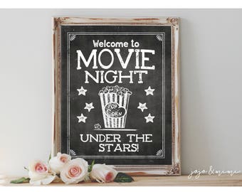 Instant 'MOVIE NIGHT under the stars' Printable Movie Night Sign Chalkboard Size Options Movie Under the Stars