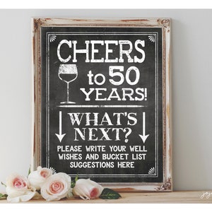 Natychmiastowa „CHEERS to 50 years” do wydrukowania na urodzinową listę życzeń, tablica kredowa na imprezę, lata pięćdziesiąte, 50. urodziny, kieliszek do wina