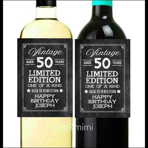 Personalized &#39;Vintage Aged 50 Years Printable Birthday Wine Label Chalkboard Digital File Birthday Bottle Label or Tag ANY YEAR