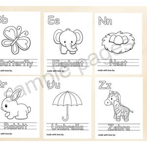 May include: Black and white printable alphabet flash cards featuring a butterfly, elephant, nest, rabbit, umbrella, and zebra. Each card has a letter, animal, and the word for the animal. The cards are designed for children to learn the alphabet and animals.