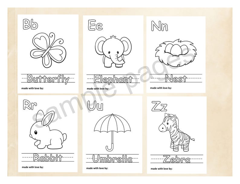May include: Black and white printable alphabet flash cards featuring a butterfly, elephant, nest, rabbit, umbrella, and zebra. Each card has a letter, animal, and the word for the animal. The cards are designed for children to learn the alphabet and animals.