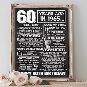 Póster de pizarra para el 60.° cumpleaños para imprimir en 1965 El año en que naciste Regalo de cumpleaños Nacido en 1965 Hace 60 años Hazlo tú mismo