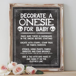 Instant &#39;Decorate a ONESIE for baby&#39; Printable Sign Halloween Baby Shower Digital File Chalkboard Onesie Decorating Instruction Sign