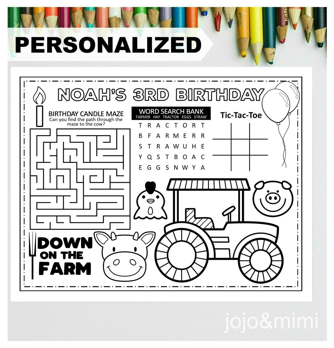 TRACTOR HAPPY BIRTHDAY Personalized Printable Placemat Activity Farm ...