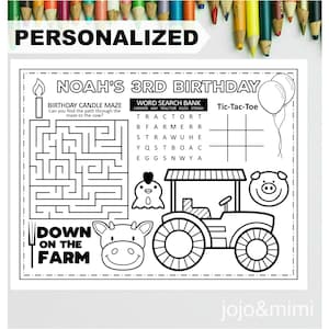 TRACTOR HAPPY BIRTHDAY Personalized Printable Placemat Activity Farm Coloring Page Kids Birthday Party Placemat Farm Animal Tractor