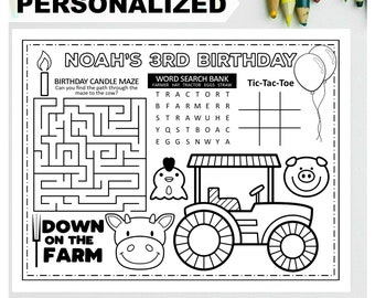 TRACTOR HAPPY BIRTHDAY Personalized Printable Placemat Activity Farm Coloring Page Kids Birthday Party Placemat Farm Animal Tractor