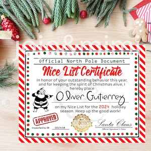 Certificado de lista agradável PERSONALIZADO Carta de Natal do Papai Noel Carta de lista agradável do Pólo Norte Carta Papai Noel Certificado com nome
